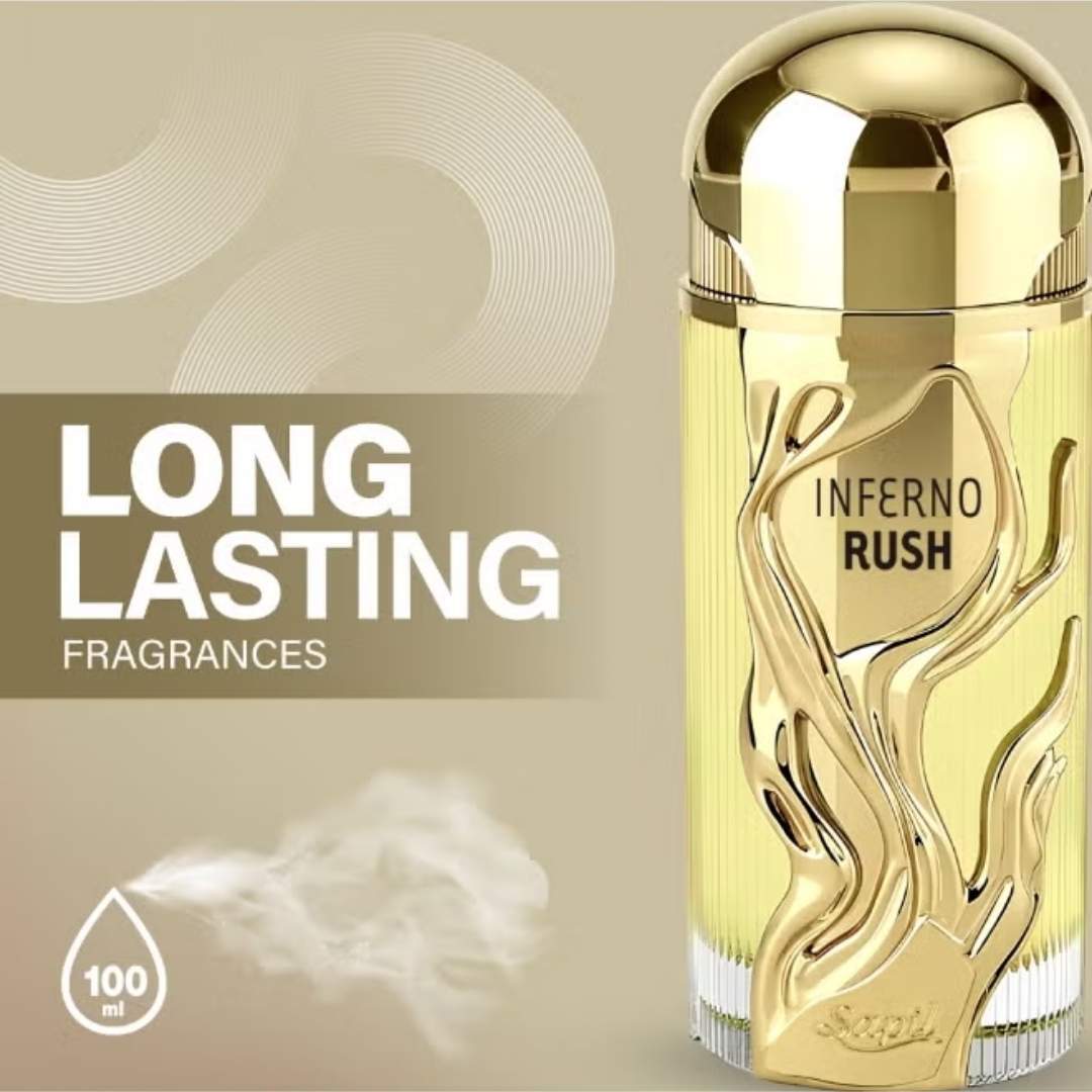Sapil Inferno Rush Eau De Parfum 100ml long lasting fragrance luxury gold perfume bottle for men with elegant design.