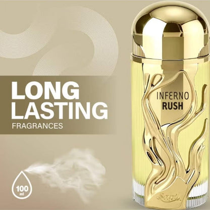 Sapil Inferno Rush Eau De Parfum 100ml long lasting fragrance luxury gold perfume bottle for men with elegant design.