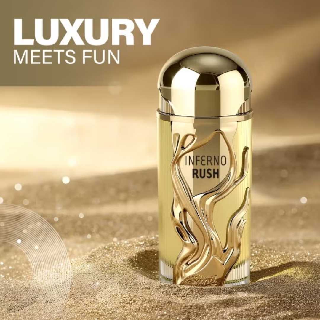 Sapil Inferno Rush luxury perfume bottle with gold design displayed on golden sand background with “Luxury Meets Fun” branding.