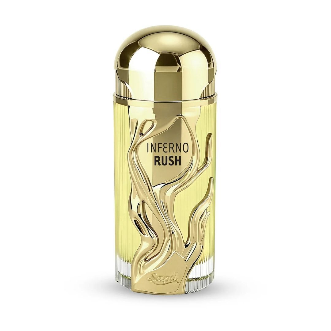 Sapil Inferno Rush Eau De Parfum luxury perfume bottle with gold cap and flame-inspired design premium fragrance by Sapil.