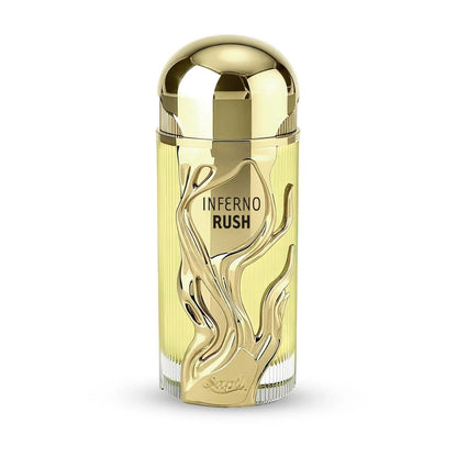 Sapil Inferno Rush Eau De Parfum luxury perfume bottle with gold cap and flame-inspired design premium fragrance by Sapil.