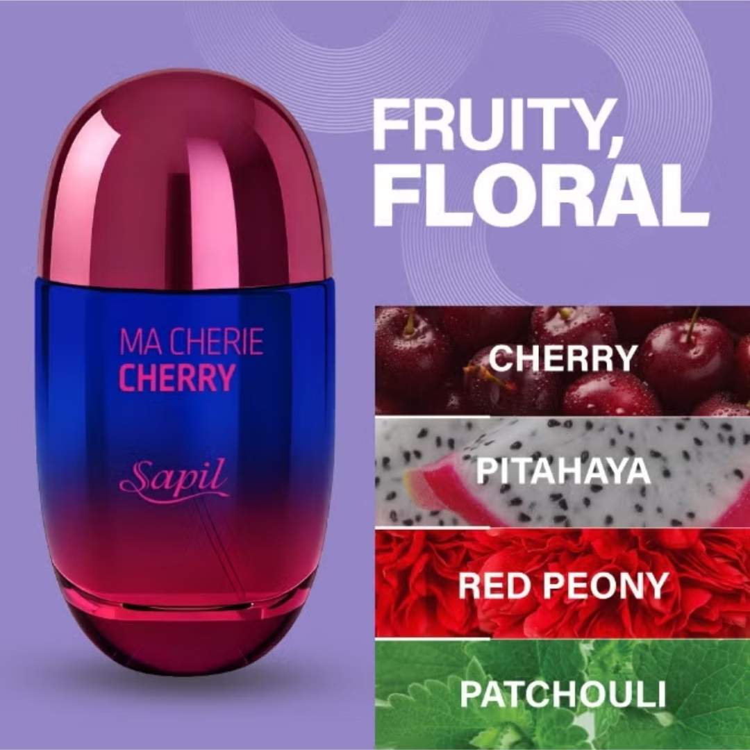 Sapil Ma Cherie Cherry Eau De Parfum fruity floral fragrance with cherry, pitahaya, red peony and patchouli notes graphic