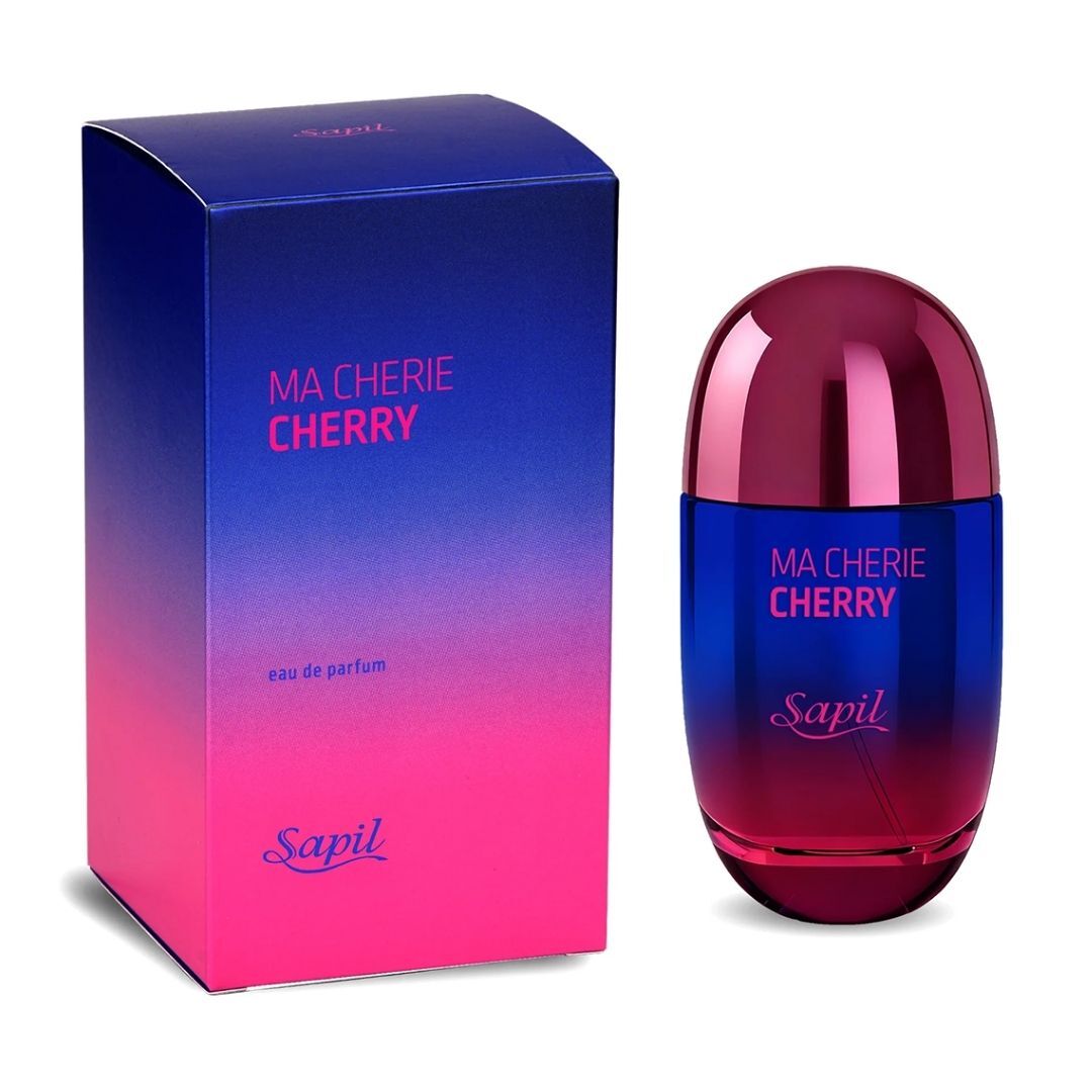 Sapil Ma Cherie Cherry Eau De Parfum perfume bottle with blue pink gradient design and matching retail box packaging