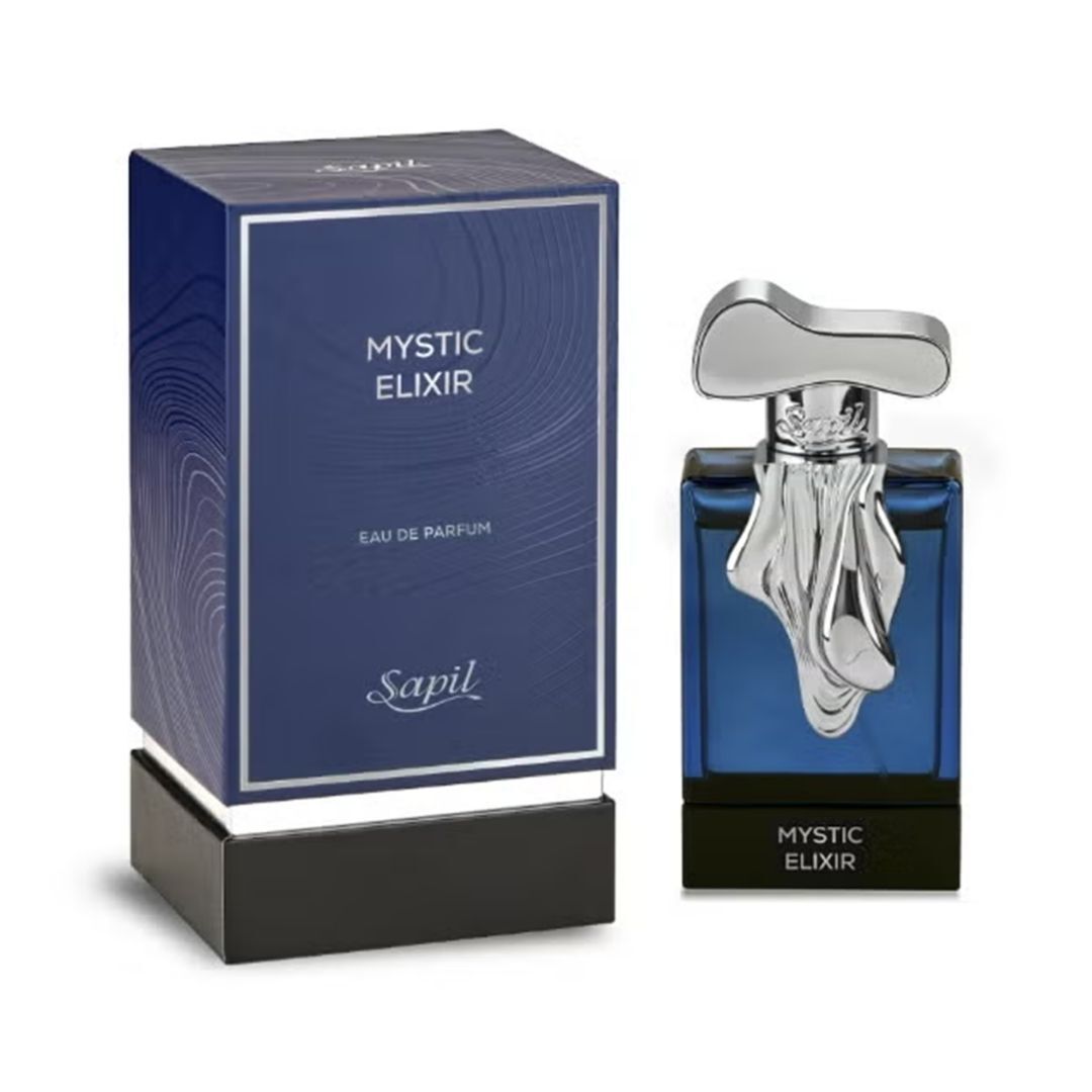 Sapil Mystic Elixir Eau De Parfum luxury fragrance bottle with blue glass design and retail box packaging