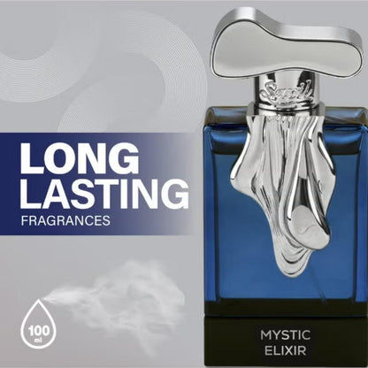 Sapil Mystic Elixir Eau De Parfum long lasting luxury fragrance bottle promotional image 100ml blue glass perfume