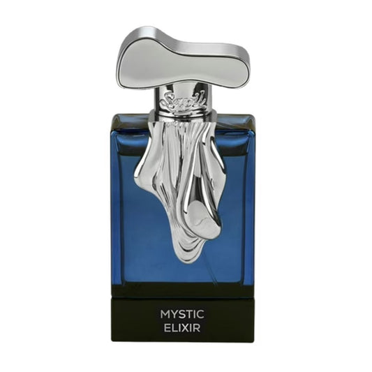 Sapil Mystic Elixir Eau De Parfum luxury blue glass perfume bottle with silver sculpted cap isolated on white background