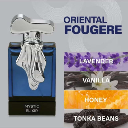 Sapil Mystic Elixir Eau De Parfum fragrance notes graphic showing lavender, vanilla, honey and tonka bean oriental fougere scent profile