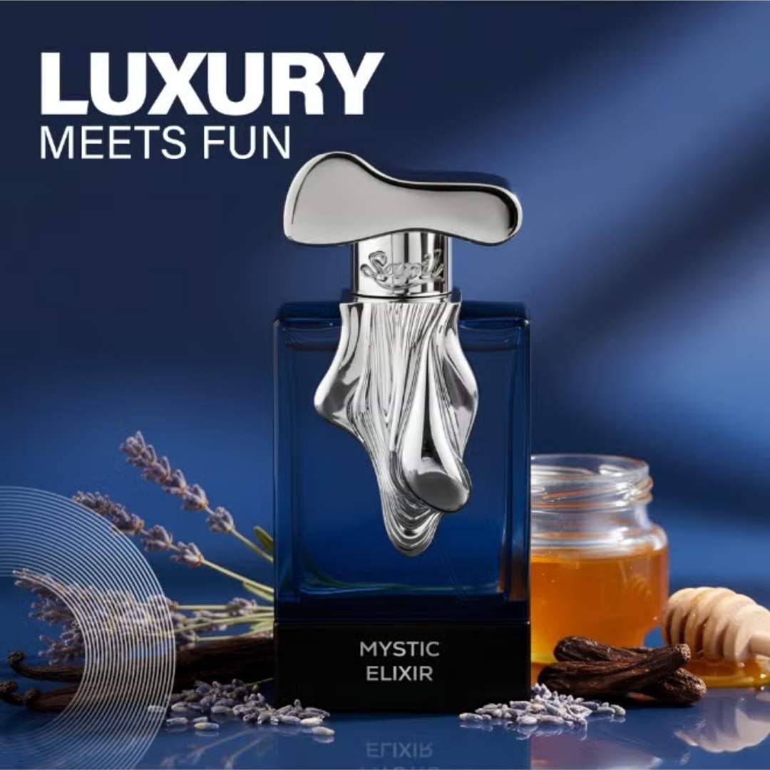 Sapil Mystic Elixir Eau De Parfum luxury fragrance bottle with lavender, honey and vanilla notes promotional image for premium perfume