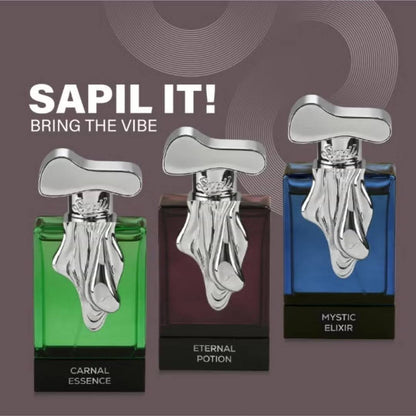 Sapil luxury perfume collection featuring Carnal Essence, Eternal Potion and Mystic Elixir fragrance bottles with “Sapil It Bring The Vibe” branding.