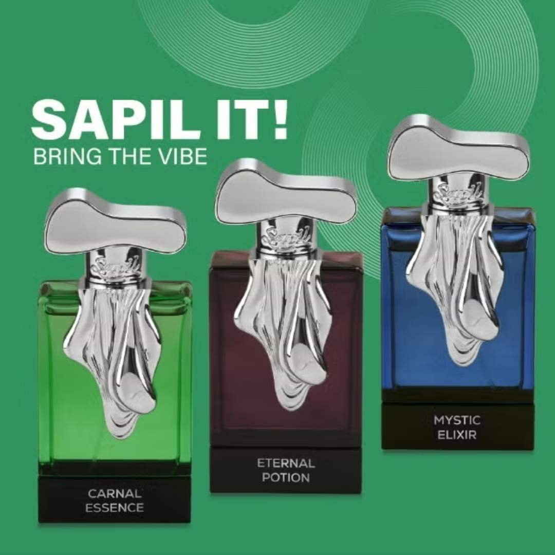 Sapil fragrance collection featuring Carnal Essence, Eternal Potion and Mystic Elixir luxury perfume bottles lineup on green background