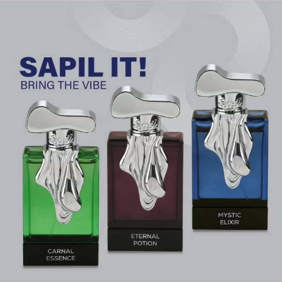 Sapil perfume collection featuring Mystic Elixir, Eternal Potion and Carnal Essence luxury fragrance bottles lineup
