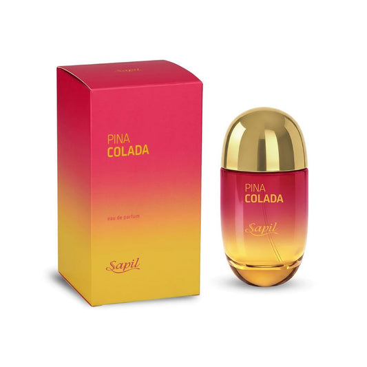 Sapil Pina Colada Eau De Parfum fragrance bottle with gold cap and red yellow gradient box packaging