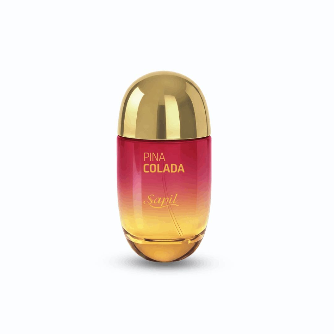 Sapil Pina Colada Eau De Parfum fragrance bottle with gold cap and red yellow gradient design on white background