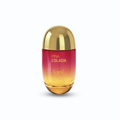 Sapil Pina Colada Eau De Parfum fragrance bottle with gold cap and red yellow gradient design on white background