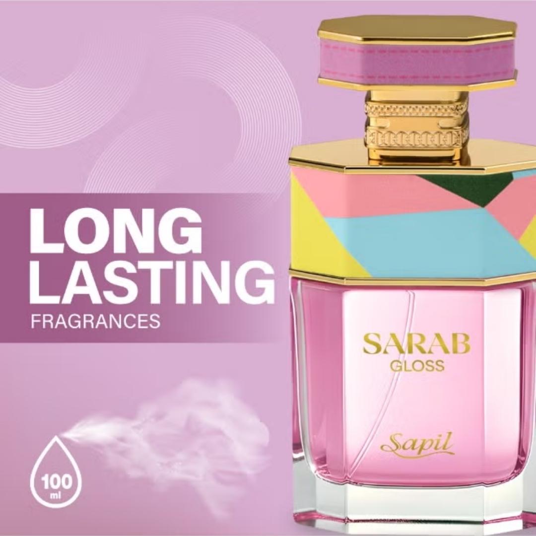 Sapil Sarab Gloss Eau De Parfum 100ml long lasting fragrance in pink luxury bottle with colorful geometric cap.