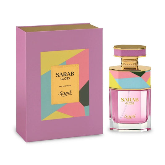 Sapil Sarab Gloss Eau De Parfum pink perfume bottle with colorful geometric cap and matching pink packaging box.
