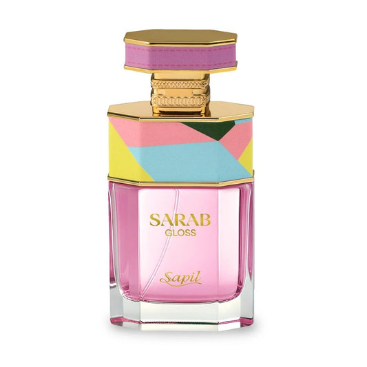 Sapil Sarab Gloss Eau De Parfum pink luxury perfume bottle with colorful geometric cap design.