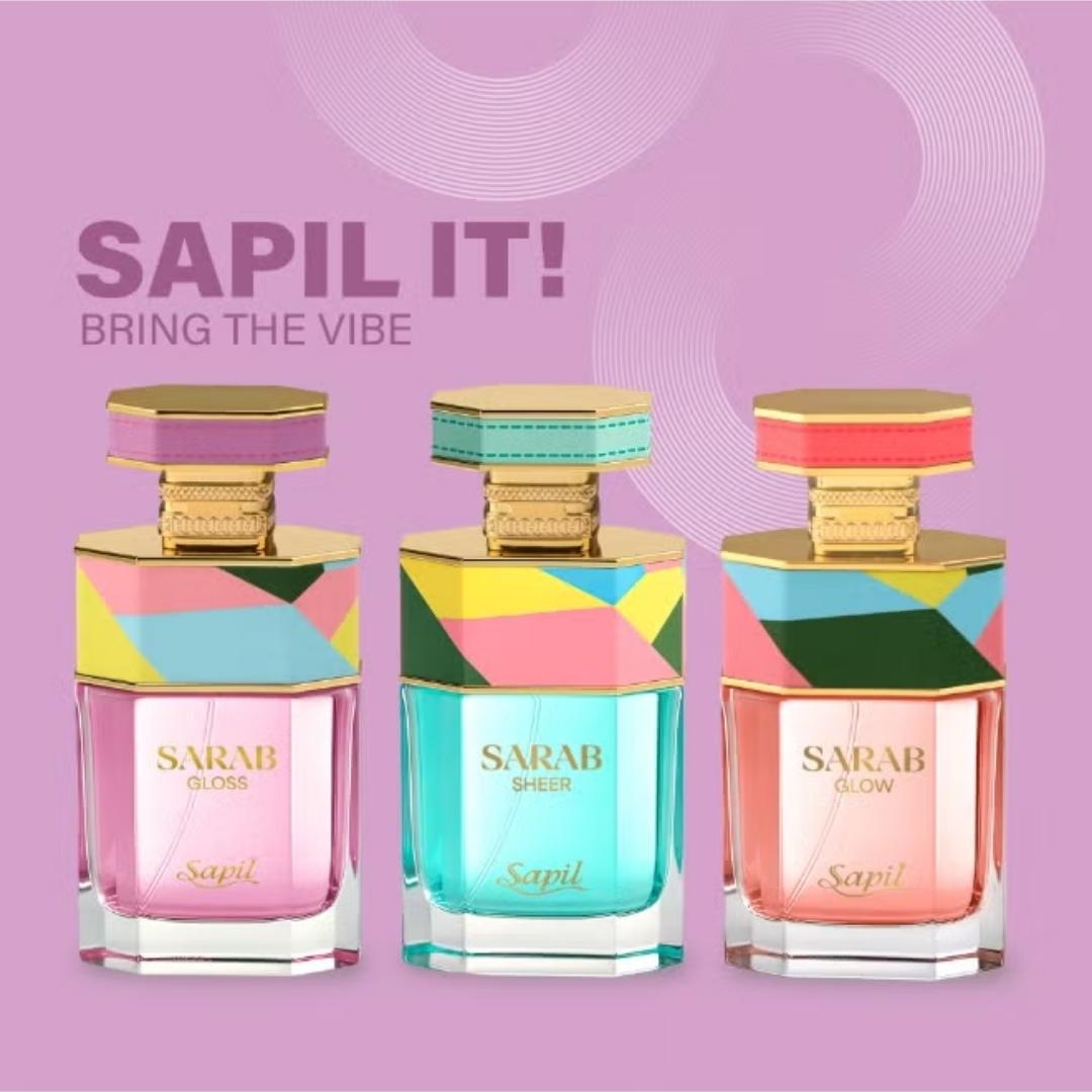 Sapil Sarab perfume collection featuring Sarab Gloss, Sarab Sheer, and Sarab Glow colorful luxury fragrance bottles.