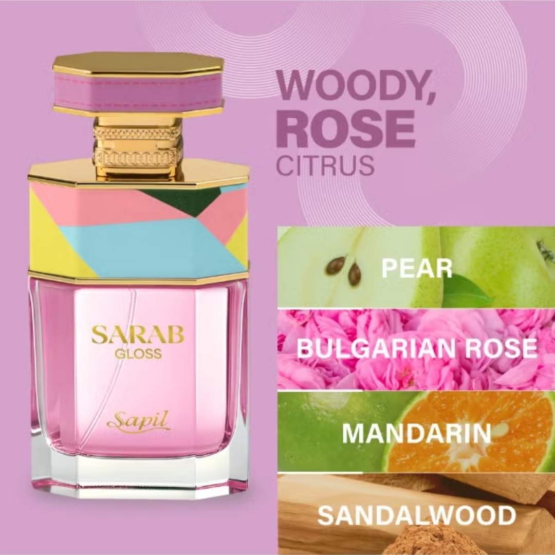 Sapil Sarab Gloss perfume woody rose citrus fragrance with pear, Bulgarian rose, mandarin and sandalwood notes in a pink luxury bottle.