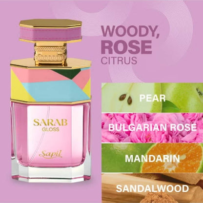 Sapil Sarab Gloss perfume woody rose citrus fragrance with pear, Bulgarian rose, mandarin and sandalwood notes in a pink luxury bottle.