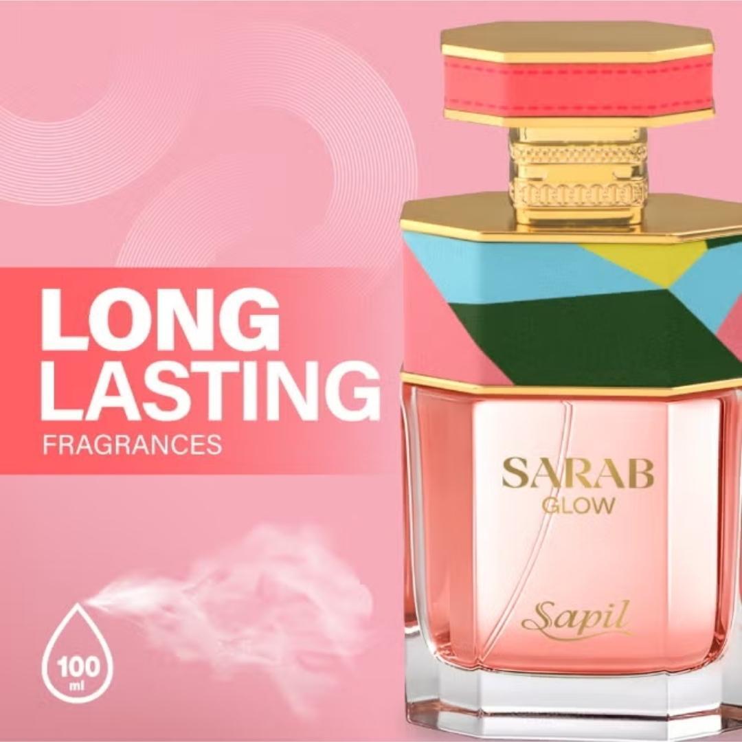 Sapil Sarab Glow Eau De Parfum long lasting fragrance with coral pink bottle and colorful geometric cap luxury women’s perfume by Sapil.