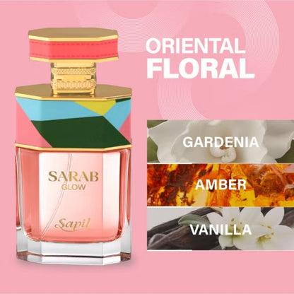 Sapil Sarab Glow Eau De Parfum oriental floral fragrance featuring gardenia, amber, and vanilla notes in a coral pink luxury perfume bottle.