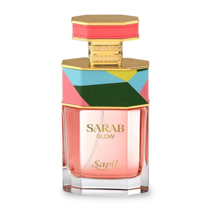 Sapil Sarab Glow Eau De Parfum coral pink perfume bottle with colorful geometric cap design luxury fragrance by Sapil.
