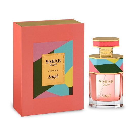 Sapil Sarab Glow Eau De Parfum perfume bottle with colorful geometric cap and coral packaging box luxury fragrance by Sapil.