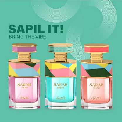 Sapil Sarab perfume collection featuring Sarab Gloss, Sarab Sheer, and Sarab Glow Eau De Parfum bottles with colorful geometric caps and “Sapil It Bring the Vibe” slogan.