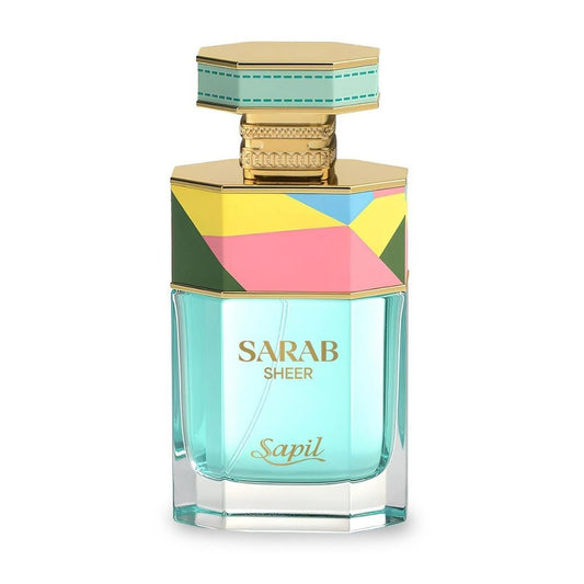 Sapil Sarab Sheer Eau De Parfum turquoise fragrance bottle with colorful geometric cap design luxury perfume by Sapil.