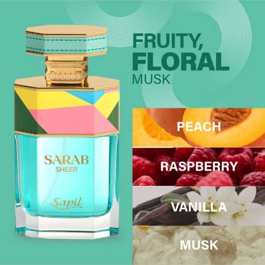 Sapil Sarab Sheer Eau De Parfum fruity floral musk fragrance featuring peach, raspberry, vanilla, and musk notes in a turquoise luxury perfume bottle.