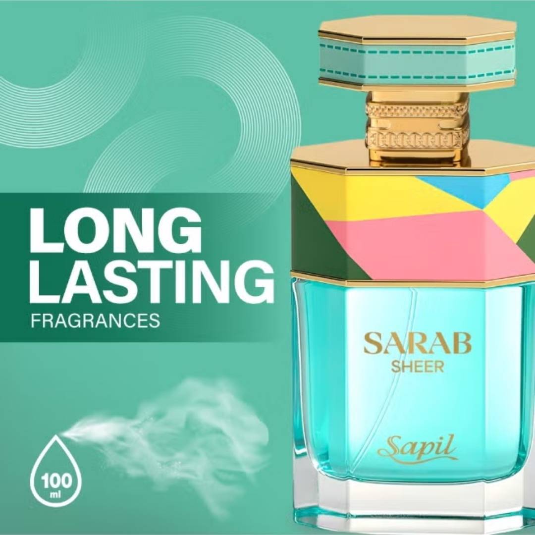 Sapil Sarab Sheer Eau De Parfum long lasting fragrance with turquoise bottle and colorful geometric cap luxury perfume by Sapil (100 ml).