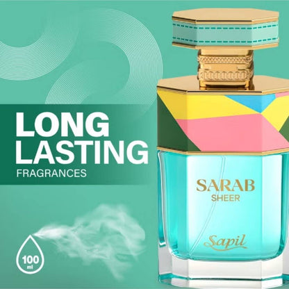 Sapil Sarab Sheer Eau De Parfum long lasting fragrance with turquoise bottle and colorful geometric cap luxury perfume by Sapil (100 ml).