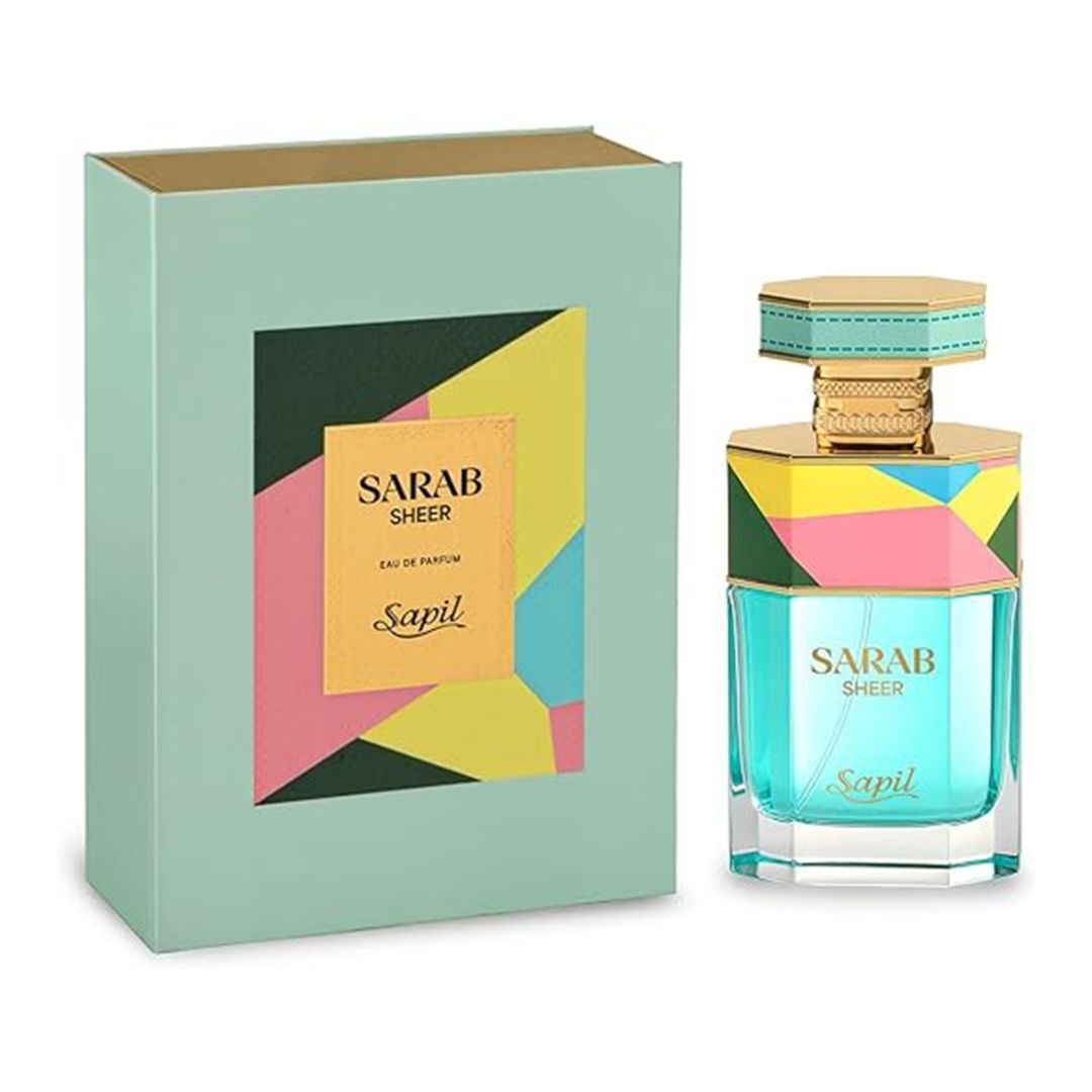 Sapil Sarab Sheer Eau De Parfum turquoise perfume bottle with colorful geometric cap and matching luxury fragrance box by Sapil.