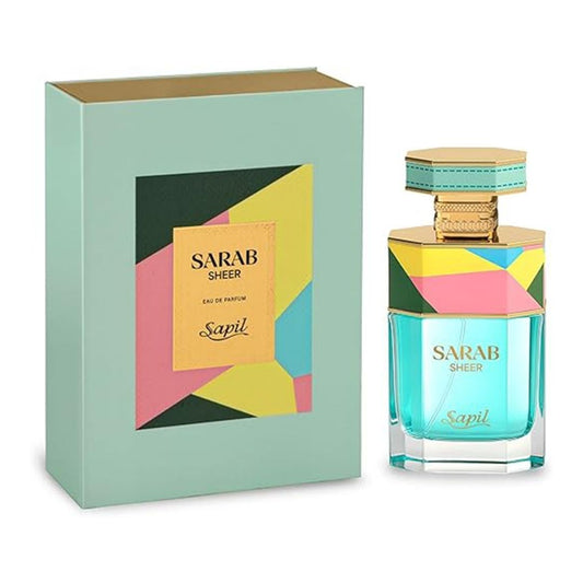 Sapil Sarab Sheer Eau De Parfum turquoise perfume bottle with colorful geometric cap and matching luxury fragrance box by Sapil.