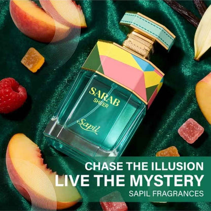 Sapil Sarab Sheer Eau De Parfum turquoise perfume bottle with colorful geometric cap surrounded by peach slices, raspberries, and candy pieces luxury fragrance by Sapil.