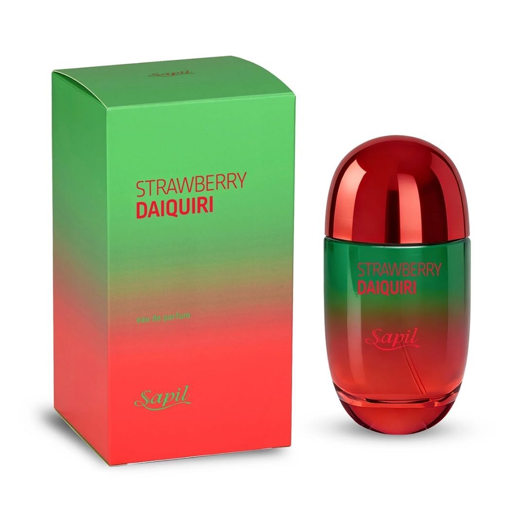 Sapil Strawberry Daiquiri Eau De Parfum perfume bottle with red green gradient design and matching retail box packaging