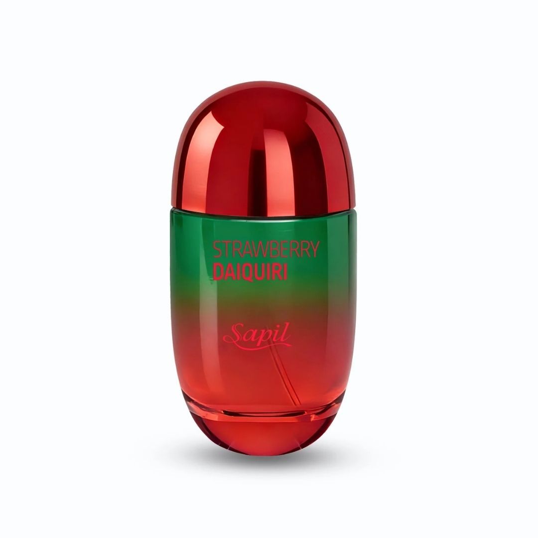 Sapil Strawberry Daiquiri Eau De Parfum perfume bottle with red and green gradient design and metallic red cap on white background