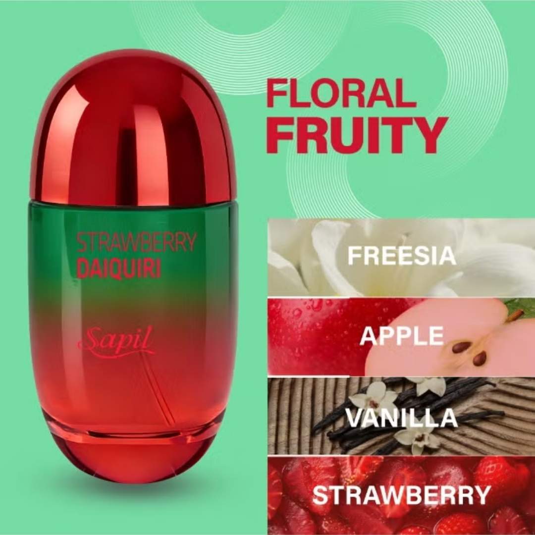 Sapil Strawberry Daiquiri perfume bottle with fragrance notes freesia, apple, vanilla and strawberry fruity floral scent graphic