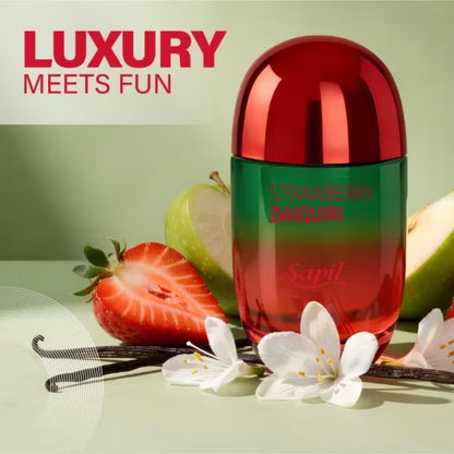 Sapil Strawberry Daiquiri Eau De Parfum perfume bottle with strawberry, apple, vanilla and floral notes luxury fragrance promotional image