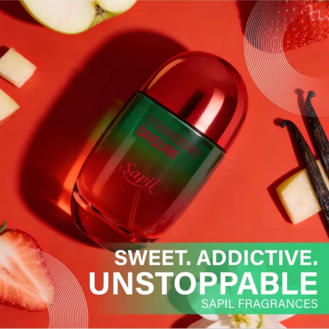 Sapil Strawberry Daiquiri Eau De Parfum sweet fruity fragrance perfume bottle with strawberry, apple and vanilla notes promotional image