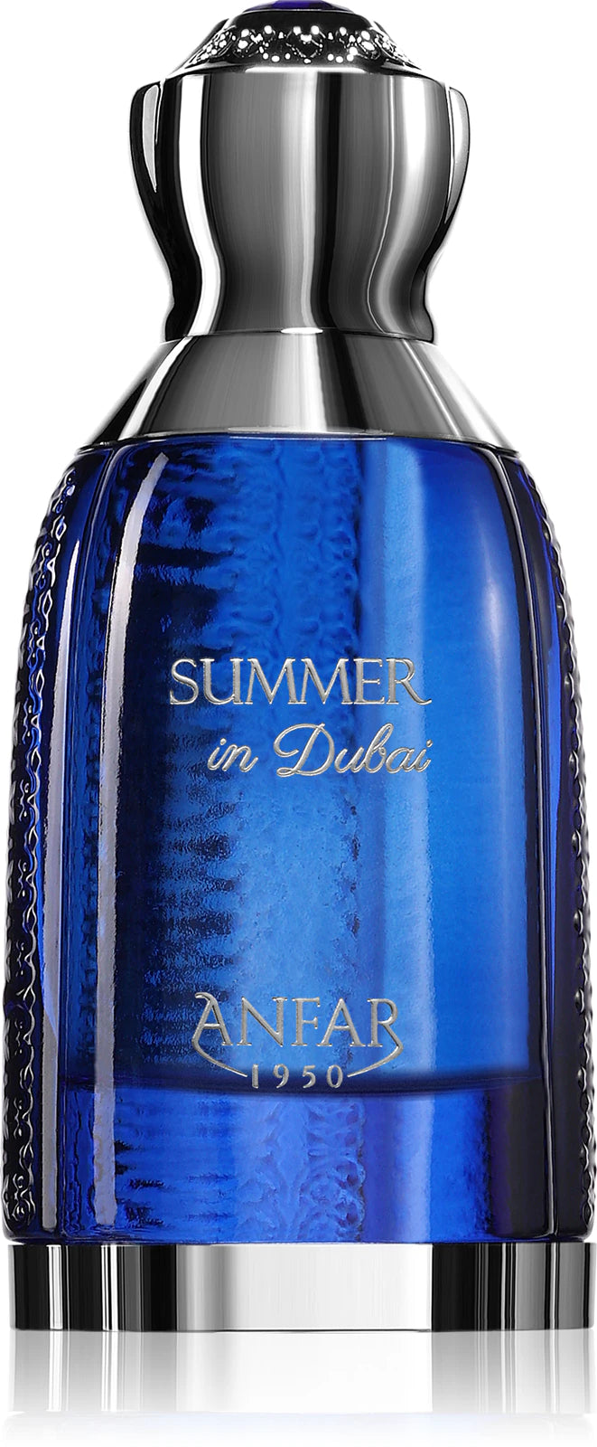 Blue perfume bottle with silver cap labeled 'Summer in Dubai' by 'Anfar 1950' on a white background