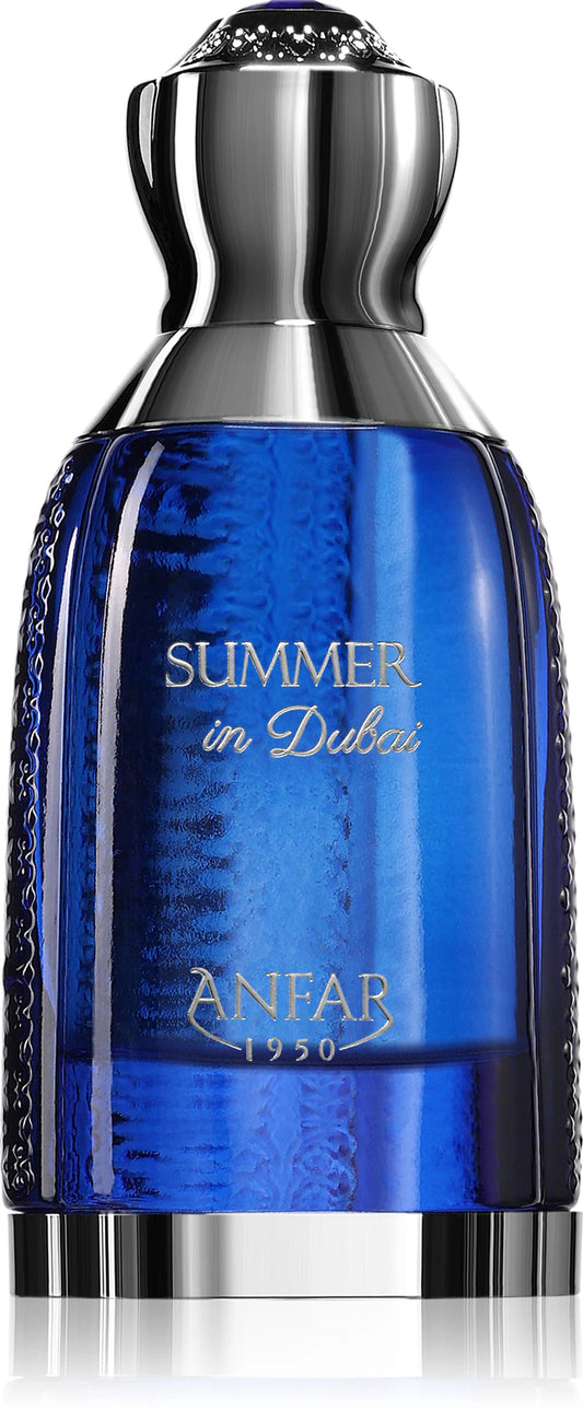 Blue perfume bottle with silver cap labeled 'Summer in Dubai' by 'Anfar 1950' on a white background