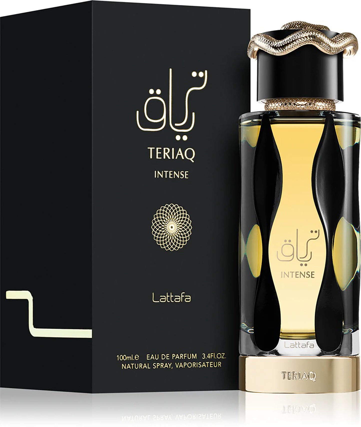 Lattafa Teriaq Intense perfume bottle and packaging on a white background