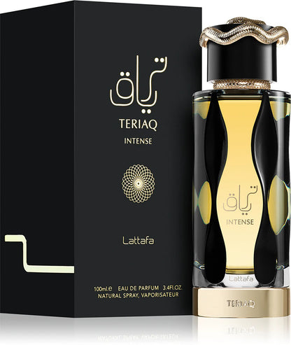 Lattafa Teriaq Intense perfume bottle and packaging on a white background