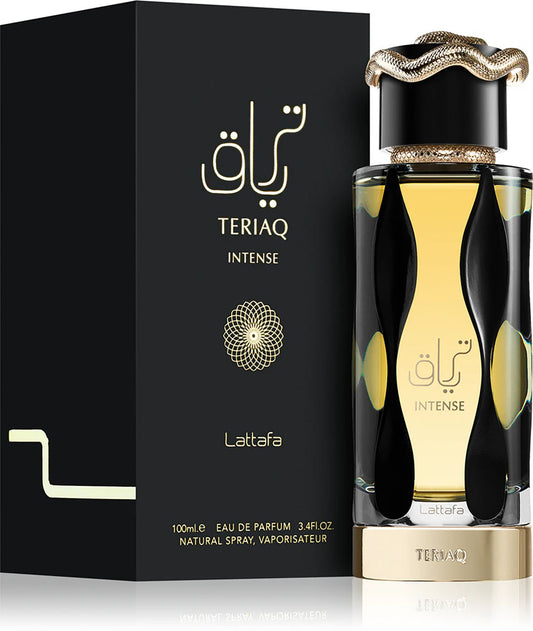Lattafa Teriaq Intense perfume bottle and packaging on a white background