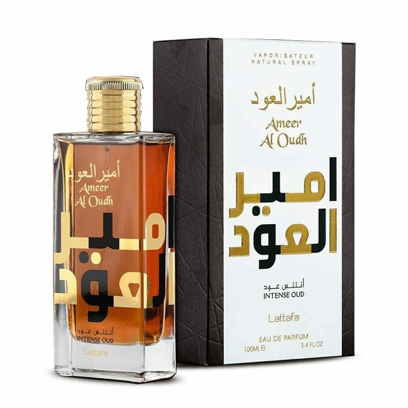 Lattafa Ameer Al Oudh Intense Oud Eau De Parfum - 100ml bottle and box left view