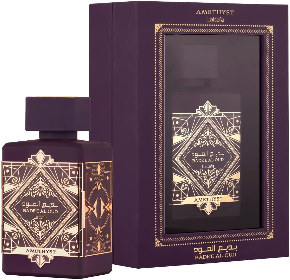 Bade’e Al Oud Amethyst 100ml edp by Lattafa bottle and box