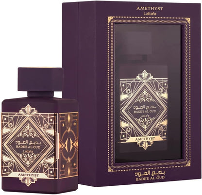 Bade’e Al Oud Amethyst 100ml edp by Lattafa bottle and box