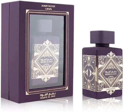 Bade’e Al Oud Amethyst 100ml edp by Lattafa bottle and box gift view